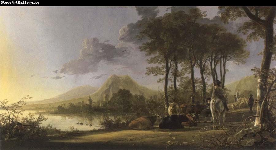 Aelbert Cuyp river landscape with horsemen and peasants